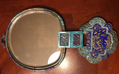OLD Chinese Imperial Silver Enameled mirror, Qing. 16 1/2" long