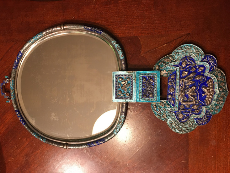 OLD Chinese Imperial Silver Enameled mirror, Qing. 16 1/2" long