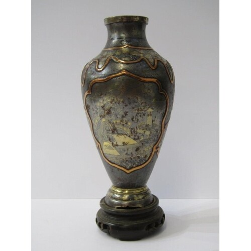 ORIENTAL METALWARE, silver & gold inlaid small vase on carve...