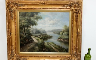 Oil on canvas landscape with river