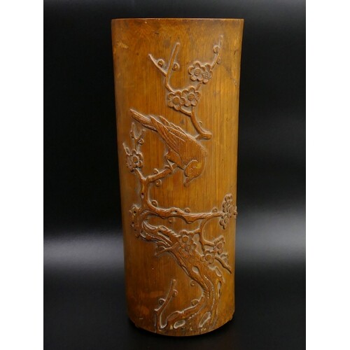 Old Chinese carved bamboo brush pot, seal mark to the base. ...