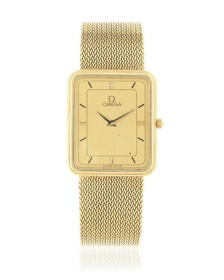 Omega. An 18K gold quartz rectangular bracelet watch