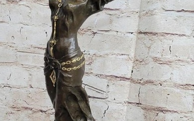 Original "Happy Free" Dancer Girl Bronze Figurative Sculpture On Marble Base - 9lbs