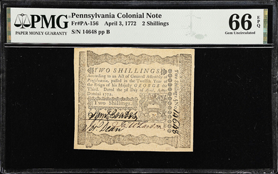 PA-156. Pennsylvania. April 3, 1772. 2 Shillings. PMG Gem Uncirculated 66 EPQ.