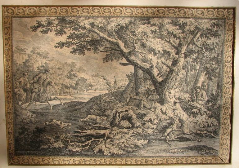 PAIR 18thc BOAR & STAG Hunt etchings Johann Elias Ridinger 1698-1767 Germany FR3SH