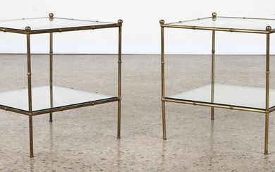 PAIR FAUX BAMBOO BRONZE & GLASS END TABLES C 1960
