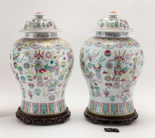 PAIR OF CHINESE EXPORT PORCELAIN COVERED TEMPLE JARS Decoration of scholars' objects, vases, peaches and other Chinese symbols. Heig..
