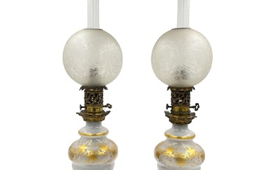 PAIR OF FRENCH GLASS OPALINE OIL LAMPS Pair Of...