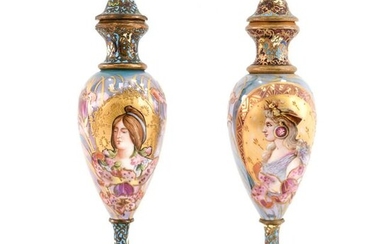 PAIR OF MINIATURE SEVRES FRENCH PORCELAIN URNS