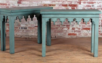 PAIR PAINTED CONSOLE TABLES IN THE GOTHIC STYLE