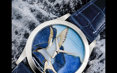 PATEK PHILIPPE. AN IMPRESSIVE AND RARE 18K WHITE GOLD AUTOMATIC WRISTWATCH WITH CLOISONNÉ ENAMEL DIAL DEPICTING AN ARCTIC TERN REF. 5089G-047, CIRCA 2016