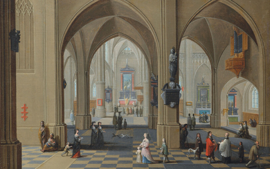 PIETER NEEFS LE VIEUX (ANVERS VERS 1570-1659), Intérieur d'église animé de personnages