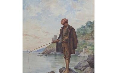 PITTORE DEL XIX SECOLO, Paesaggio marino con pescatore