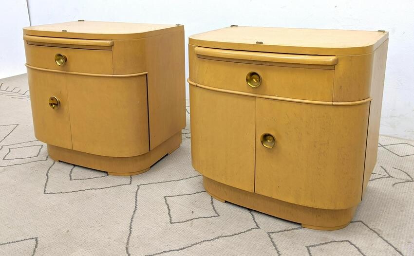 Pair Art Deco Style Side End Tables. Bow Front Nightst