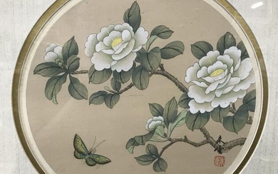 Pair Asian Watercolor Paintings on Fabric