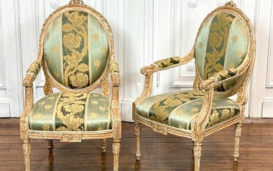 Pair Louis XVI Style Fauteuil Armchairs