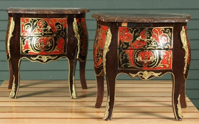 Pair Marble Top Boulle Style Model Commodes