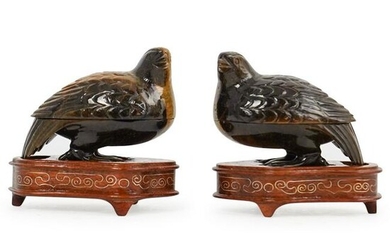Pair Of Chinese Carved Tiger Eye Bird Boxes