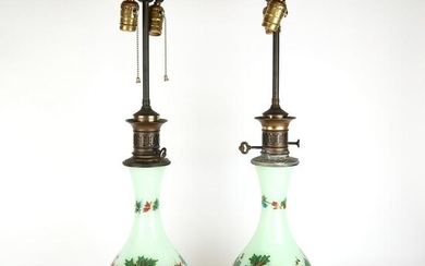 Pair Victorian Green Glass Table Lamps