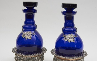 Pair of 19th Century Cobalt Blue Decanters with Silver