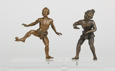 Pair of Burmese Bronze Ball Players Figures