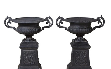 Pair of Cast Iron Campana Form Planters, 20th/21st c., Urns- H.- 16 in., W.- 28 in., D.- 18 1/2 in.;