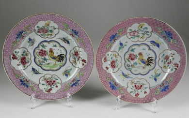 Pair of Chinese Export Famille Rose Cockerel Plates