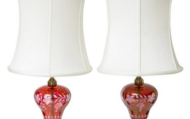 Pair of Cranberry Etched Table Lamps
