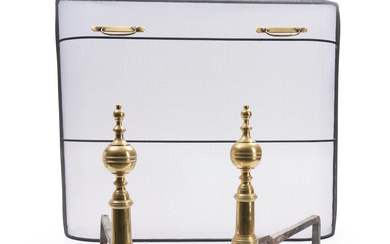 Pair of Federal Ball-top Brass Andirons and a Later Wire...