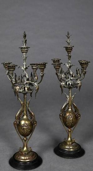 Pair of French Brass and Marble Five Light Candelabra