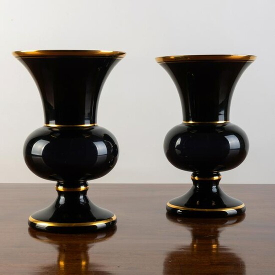 Pair of Gilt Decorated Deep Amethyst Glass Vases