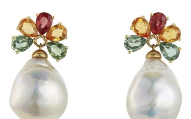 Pair of Gold, Multicolored Sapphire and Freshwater Cultured Pearl Pendant Earrings