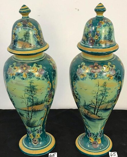 Pair of Hand Painted Portuguese lidded Urns