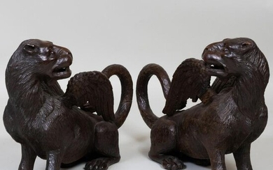 Pair of Spanish Carved Wood Figures of Griffons