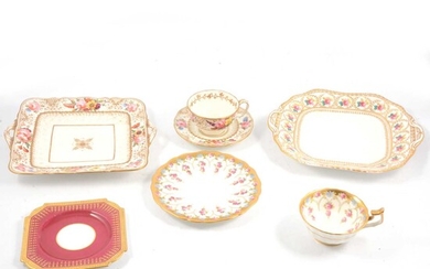 Pair of T Goode & Co sandwich plates, Radford's floral trio, Belleek milk jug and other cabinet items.