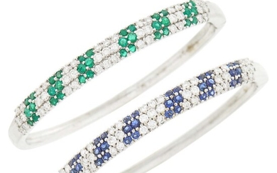 Pair of White Gold, Diamond, Emerald and Sapphire Bangle Bracelets