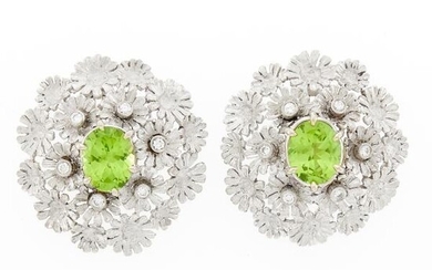 Pair of White Gold, Peridot and Diamond Flower Earclips