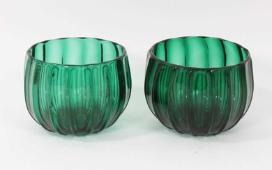 Pair of green glass finger bowls, early 19th century, of moulded round shape with polished pontil marks, 9cm high