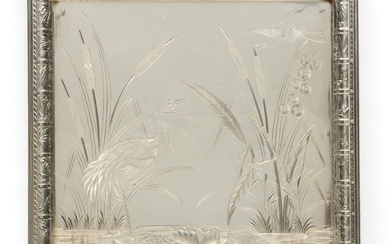 Pairpoint Manufacturing Company (American) Silver Plated Tray, Heron & Water Lilies, Ca. 1880, H 13"