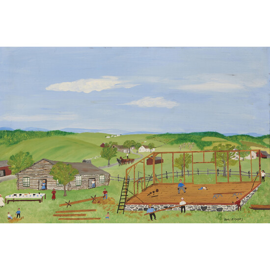 Paul J. Moses (American, 1946-2016) Barn Raising 16 x 24 in. (40.5 x 61.2 cm) framed 20 3/4 x 29 in.