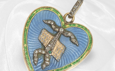 Pendant: rare, antique enamel/heart pendant with rose cut diamonds, probably around 1880