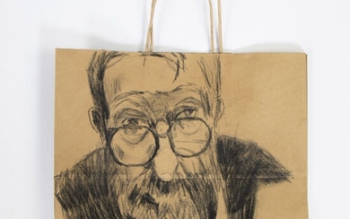 Peter MORRENS 'zelf voor MEERSEN (ouwe eco-zak)' (2022). Houtskool/krijt op papier zak + vintage kapstokje....