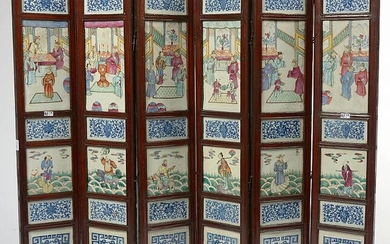 Petit paravent à six feuilles en bois orné de plaques en porcelaine polychrome de Chine à décor de "Personnages". Epoque: fin XIXème. (**). Dim.(par feuille):+/-80,3x17cm.