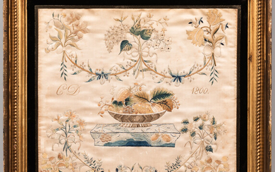 Pictorial Embroidery on Silk with Initials "CD,"