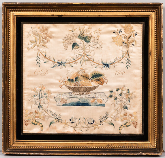 Pictorial Embroidery on Silk with Initials "CD,"