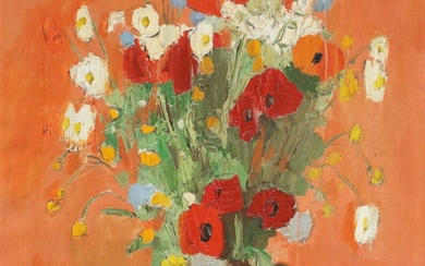 Pierre PALUÉ (1920-2005) Bouquet de fleurs dans un broc HUILE sur toile signée en bas...