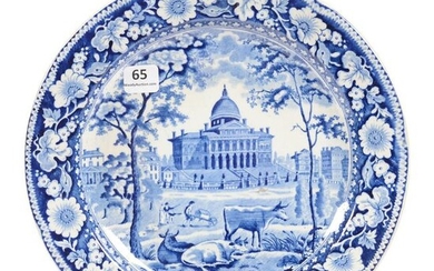 Plate, Flow Blue by Rogers, Capitol W/Cattle