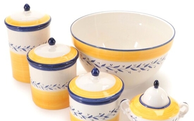 Portuguese Yellow and Blue Banded Vine Motif Ceramic Canisters and More
