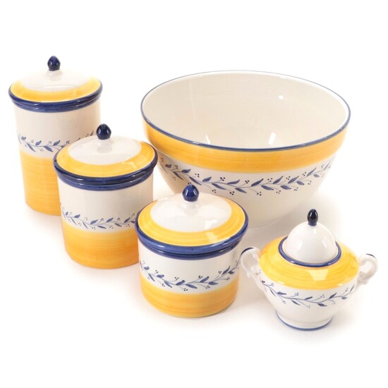 Portuguese Yellow and Blue Banded Vine Motif Ceramic Canisters and More