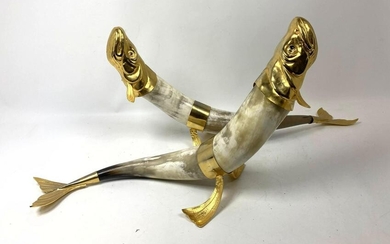 Pr 70'S HAUY POUIGO Metal Horn Figural Fish Sculptures.